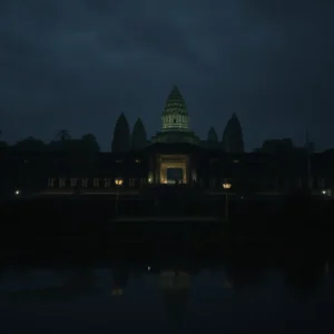 Dim silhouette of Angkor Wat at night with minimal illumination and a soft reflection in the water, angkor wat nocturno decepciona