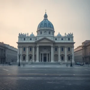 Majestic neoclassical façade and dome of the basilica san pedro fria framed by an empty square.