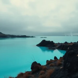 Foggy turquoise lagoon framed by dark volcanic rocks, blue lagoon aburrida