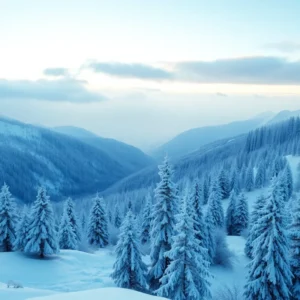 Snow-covered fir trees and layered icy ridges in a serene winter scene where blue mountains heladas decepcionan.