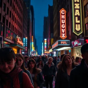 Crowded evening theater district with glowing marquees and subdued faces, showing broadway decepciona visitantes.