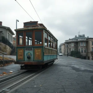 Vintage wooden cable car san francisco decepcion on tracks beneath an overcast sky.