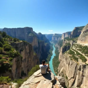 Person sitting on a cliff edge overlooking a winding turquoise river through a vast canyon canon verdon aburrido
