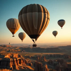 Hot air balloons drifting over rugged rock spires and valleys at sunrise, capadocia globos decepcionantes.