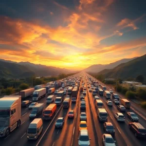 Aerial view of a long traffic jam at sunset on the carretera panamericana atascada with cars and trucks backed up