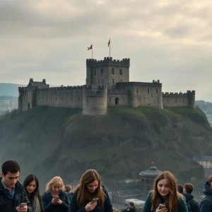 Hilltop stone castle with battlements under an overcast sky and visitors in the foreground, castillo edimburgo decepcionante.