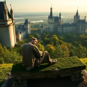 Person sitting on a mossy stone bench overlooking majestic castillos loira cansan with towers and a distant river