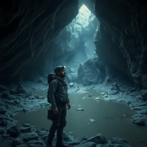 A lone explorer with a headlamp stands by a still underground pool in a vast rock chamber, encantadas cuevas decepcionan.