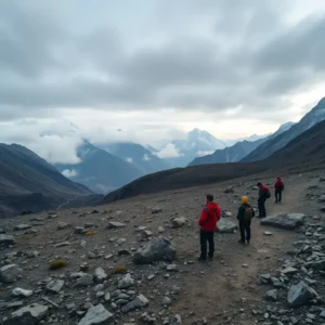Hikers on a rocky high-altitude trail with cloud-covered peaks, everest base camp decepciona