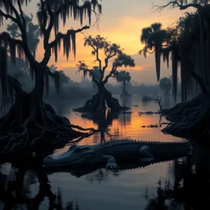 A large alligator rests in reflective swamp water at dusk beneath Spanish moss and silhouetted cypress trees, everglades decepecion.