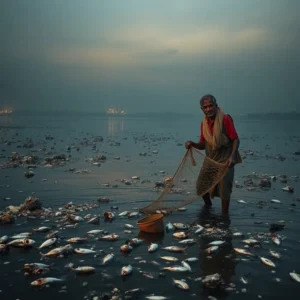 Fisherman standing in murky water surrounded by numerous dead fish and debris, ganges contaminado.