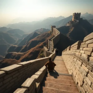Winding stone ramparts of the gran muralla china cansadora with a lone visitor seated on stepped pathway.