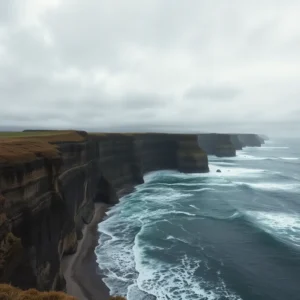 Fog-shrouded sea cliffs and crashing waves under a gray sky, great ocean road decepciona.