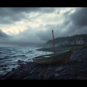 A misty rocky shoreline with a beached wooden boat and stormy skies suggesting isla chiloe decepcionante.