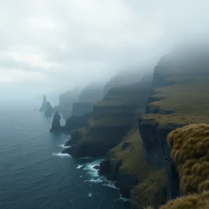 Misty layered coastal cliffs and jagged sea stacks rising from a dark turbulent sea beneath low clouds, windswept grassy plateaus visible on the cliff tops — islas faroe decepcionan