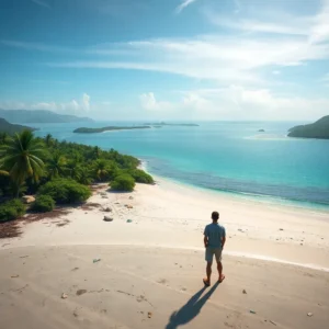 A lone traveler stands on a white sandy beach looking out over turquoise waters and distant green islets, islas whitsunday decepcionan