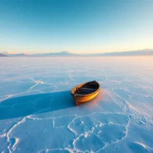 A lone wooden rowboat rests on the cracked ice of lago titicaca congelado under a pale morning sky.