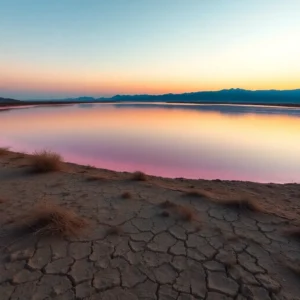 Calm pink-hued lake at sunset reflecting pastel sky with cracked dry shore and sparse tufts of grass, laguna rosa decepciona
