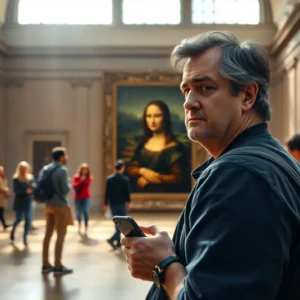 Man holding a smartphone with a disappointed expression in front of the louvre mona lisa decepcionante in a busy gallery