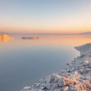 Pastel sunset over a calm, salt-crusted shoreline with smooth reflective water, mar muerto poco magico.