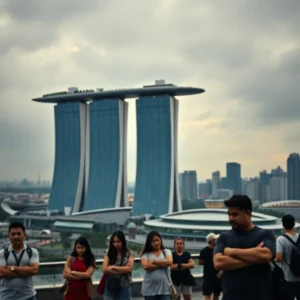 Group of visitors with crossed arms beneath Marina Bay Sands, a scene suggesting marina bay sands decepciona
