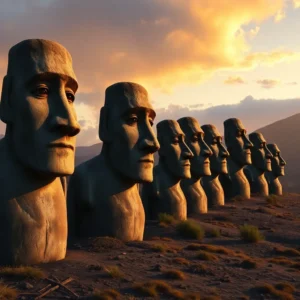 Row of weathered stone faces moai isla pascua cansan illuminated by a golden sunset.