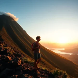 Backpacked hiker standing on a rocky slope at sunrise on monte batur cansador
