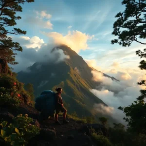 Hiker with heavy pack overlooking a cloud-covered peak at sunrise on monte camerun cansador.