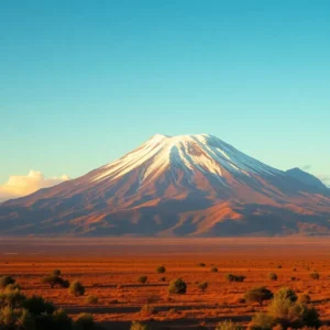 Snow-capped solitary volcanic peak rising above a dry reddish plain with sparse shrubs under a clear blue sky, monte kilimanjaro sobrevalorado
