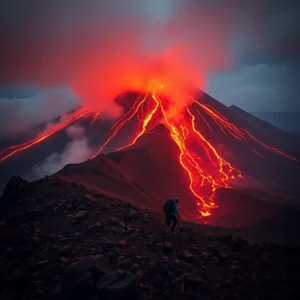 A lone hiker overlooking glowing lava rivers on monte nyiragongo agotador under crimson smoke