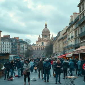 Busy pedestrian square lined with cafes and a domed basilica in the background, illustrating montmartre decepciona turistas.