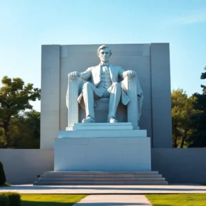 Large neoclassical seated statue in a stone memorial plaza, monumento lincoln soso