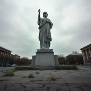 Tall stone statue of a robed woman on a pedestal labeled MOTHERLAND overlooking a cracked plaza, monumento madre patria decepciona