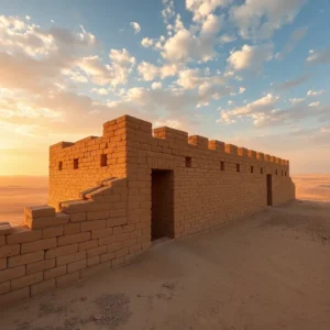Sunset-lit muralla arenas lehm mudbrick wall against a vast desert sky