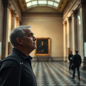 Contemplative visitor gazes at artwork in a vaulted gallery as museo prado decepciona