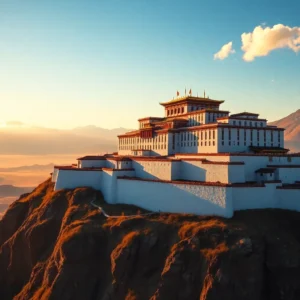 Sunlit tiered hilltop complex with white walls and golden roofs identified as palacio potala lhasa against a mountain backdrop.