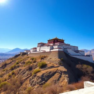 A sunlit hilltop palacio potala sobrevalorado with white and red tiered walls against a clear blue sky.