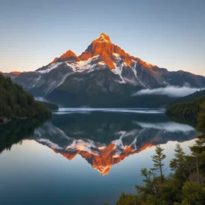 Sunlit alpine peak reflected in a still lake at dawn, parque nacional cradle mountain soso.