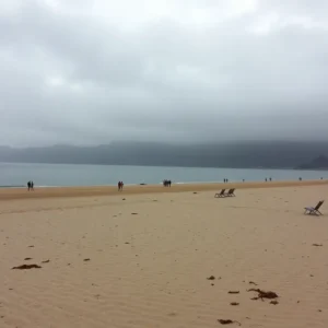 Overcast expansive sandy beach with a few distant walkers and empty chairs, playa concha decepciona.