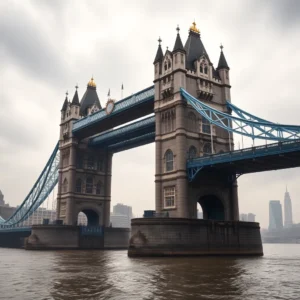 Stone towers and blue suspension spans of puente torre decepcion rising above a misty river.