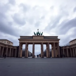Frontal view of the Brandenburg Gate under heavy clouds and an empty plaza, puerta brandenburgo decepciona.
