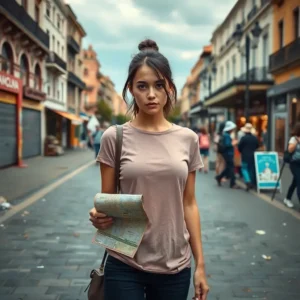 Young woman holding a map on a busy pedestrian street, conveying ramblas barcelona decepcion.