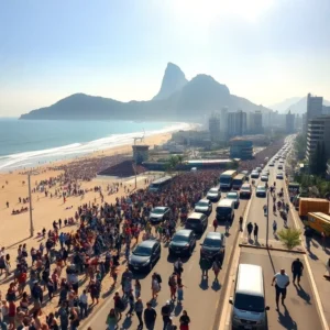 Packed beach with thousands of people, a congested coastal road and distant mountains under bright sky, rio janeiro sobrevalorada