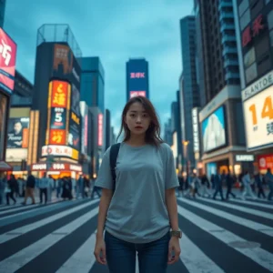 Young woman standing in the middle of a striped crosswalk with neon billboards, shibuya crossing decepciona.