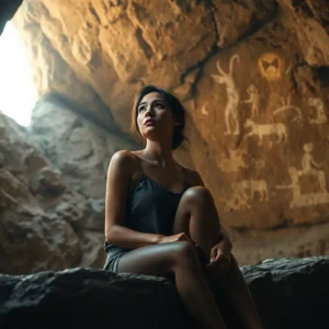 Young woman seated in a rocky cave beneath prehistoric wall paintings evoking sindrome altamira decepcionante
