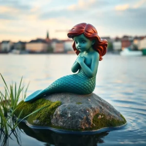 Small mermaid figurine with red hair and teal tail perched on a mossy rock by calm water sirenita copenhague pequena