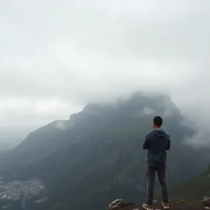 A solitary person stands on a cliff edge overlooking a fog-shrouded flat summit as table mountain decepciona under low clouds.
