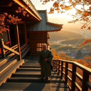 Monk descending wooden steps at templo kiyomizu dera agotador during golden autumn sunset.