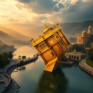 A golden temple leaning dramatically over a calm river at sunset, templo oro desequilibrado set against misty hills.