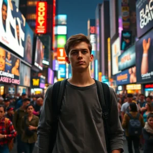 Young person standing in a crowded, neon-lit Times Square at night, times square no vale pena